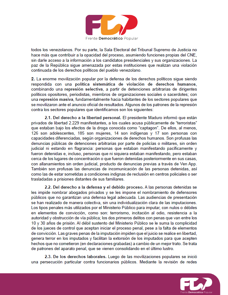 ElFrente_ve's tweet image. Segunda Declaración del Frente Democrático Popular en torno a la Represión y los Derechos Humanos en Venezuela luego de las elecciones del 28 de julio.