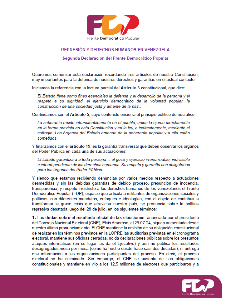 ElFrente_ve's tweet image. Segunda Declaración del Frente Democrático Popular en torno a la Represión y los Derechos Humanos en Venezuela luego de las elecciones del 28 de julio.