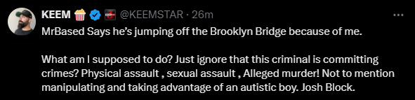 LightningFilms's tweet photo. MrBased attacked Youtuber Alex Novell. MrBased has been located and surrounded by five undercover detectives for alleged murder...

He says he will jump off the Brooklyn Bridge because of @KEEMSTAR take on the subject. Absolutely pathetic. 

Source: @DramaAlert @KEEMSTAR https://t.co/cpeClvCM4A