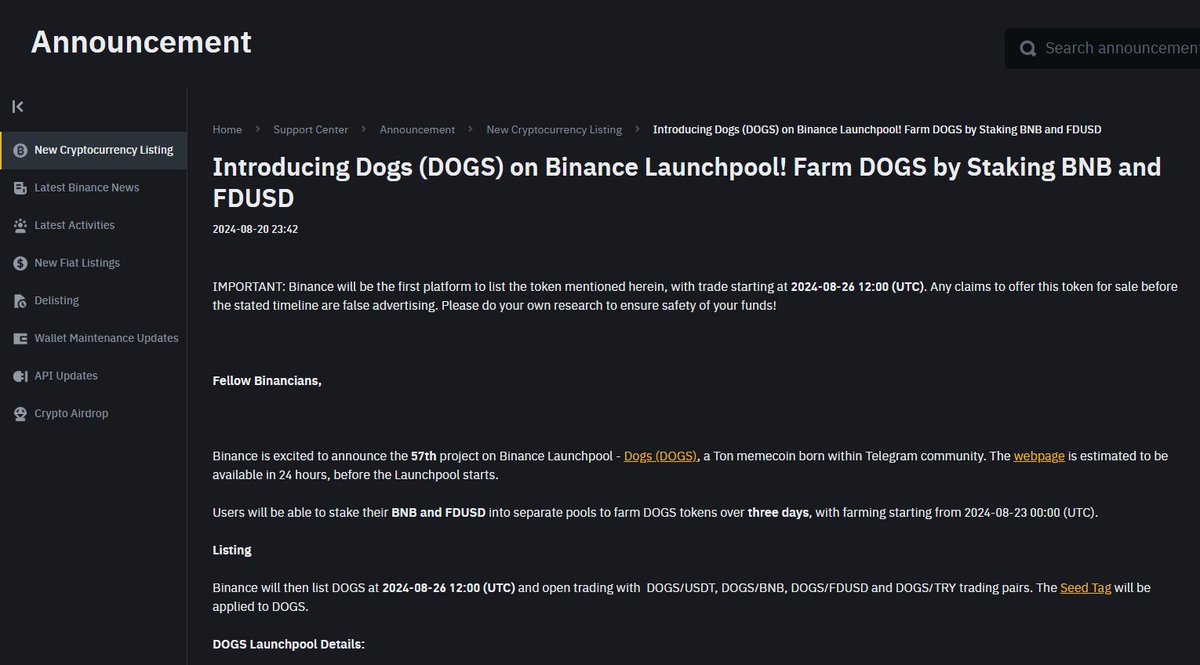 Introducing Dogs (DOGS) on Binance Launchpool! Farm DOGS by Staking BNB and  FDUSD 👀 Binance will then list DOGS at 2024-08-26 12:00 (UTC) and open  trading with DOGS/USDT, DOGS/BNB, DOGS/FDUSD and DOGS/TRY