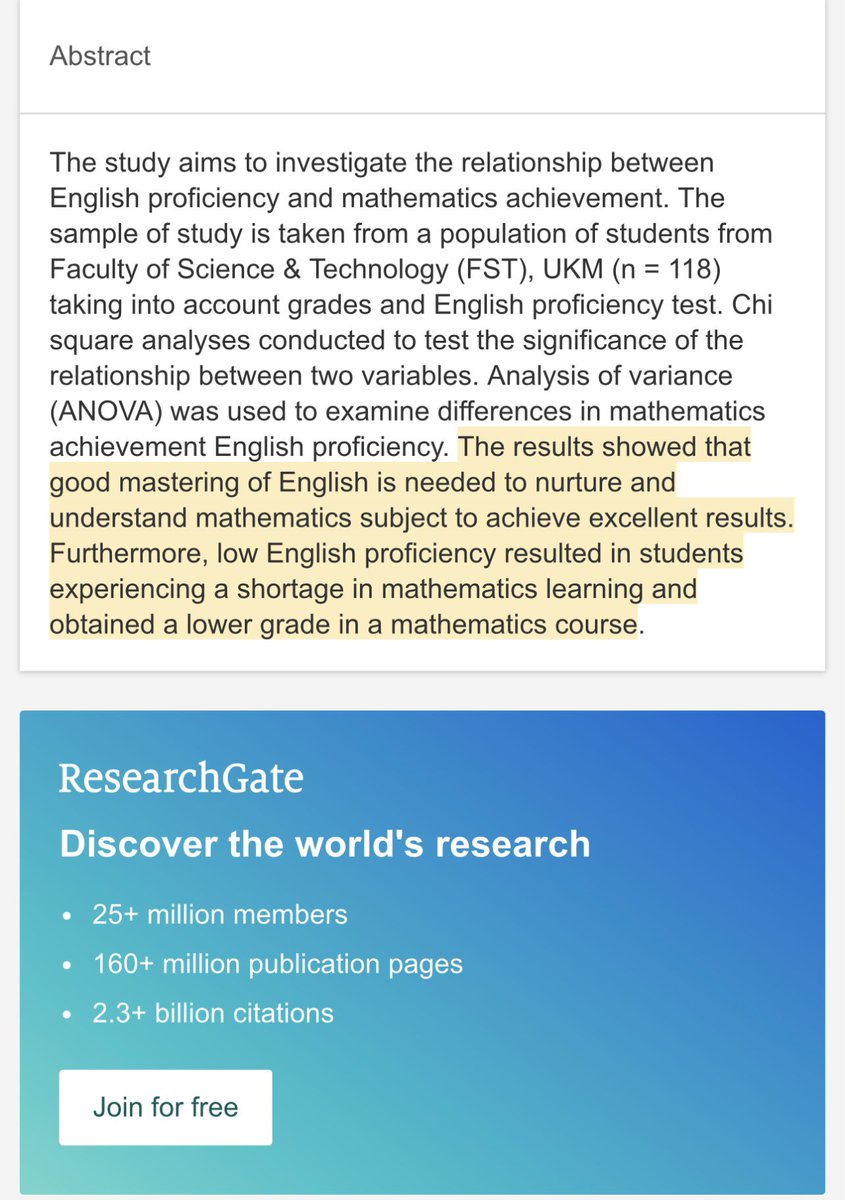 Great Read about the "Relationship between English Proficiency and Mathematics Achievement " "The results showed that mastering of English is needed to nurture and understand mathematics subject to achieve excellent results in Math.