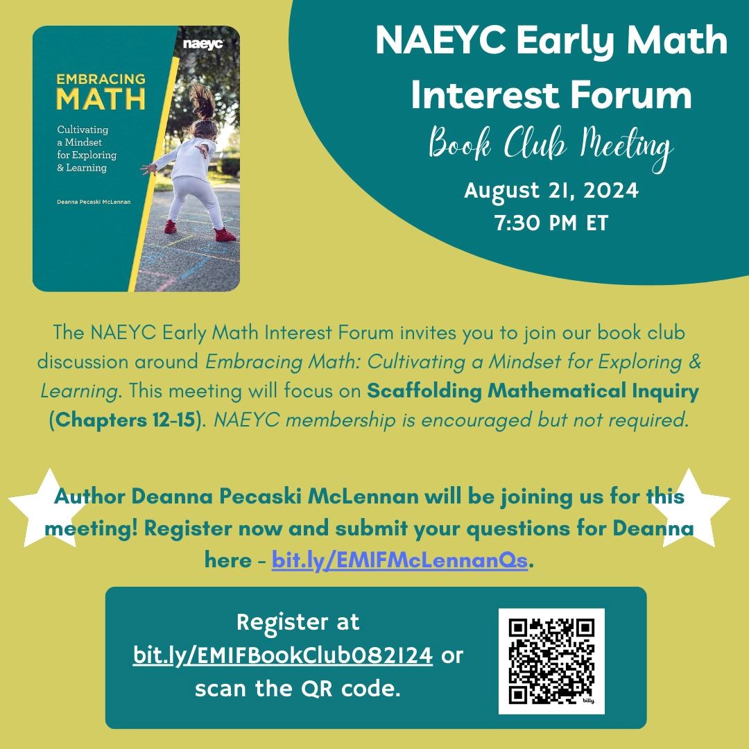 EriksonInst's tweet image. Join our partners at @naeycearlymath for the final book study of the summer.  Author Dr. Deanna Pecaski McLennan will join to discuss "Embracing Math: Cultivating a Mindset for Exploring &amp;amp; Learning" on 8/21 at 6:30 CST.  Register here: bit.ly/EMIFBookClub08… 

#earlymath