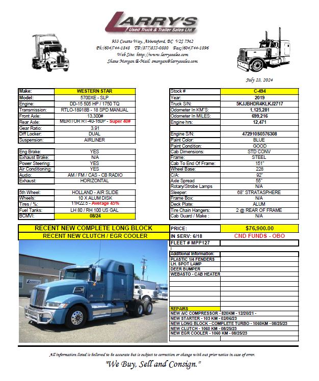 LarrysUsed's tweet photo. 2019 WESTERN STAR 5700XE (Trk#C-494) https://t.co/onqzLvuDbs