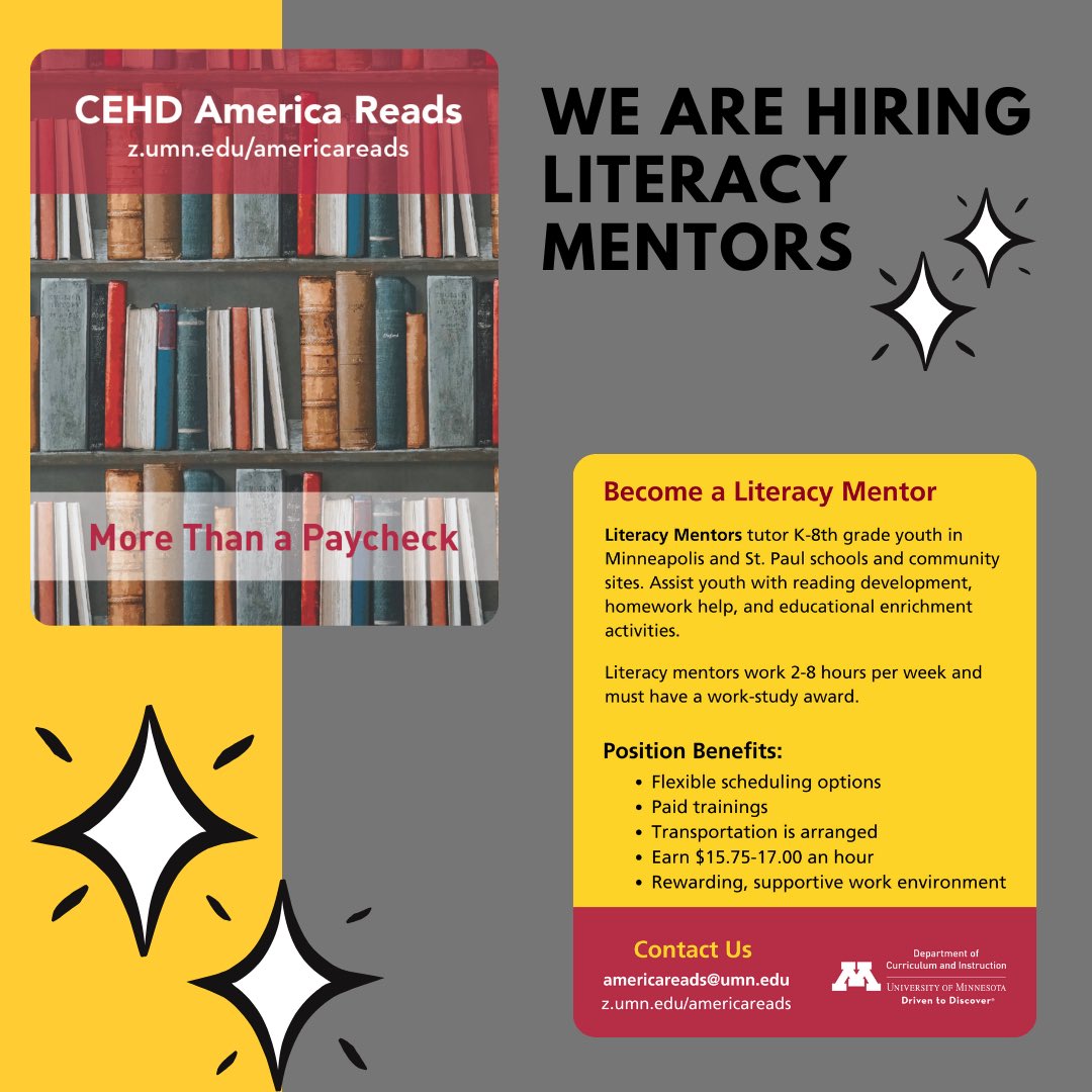 Are you a University of Minnesota student looking for a work-study opportunity? Consider CEHD America Reads!

To apply, please visit the UMN Employment site (hr.umn.edu/applicant-cent…), click on "Student Jobs" and enter 362629.