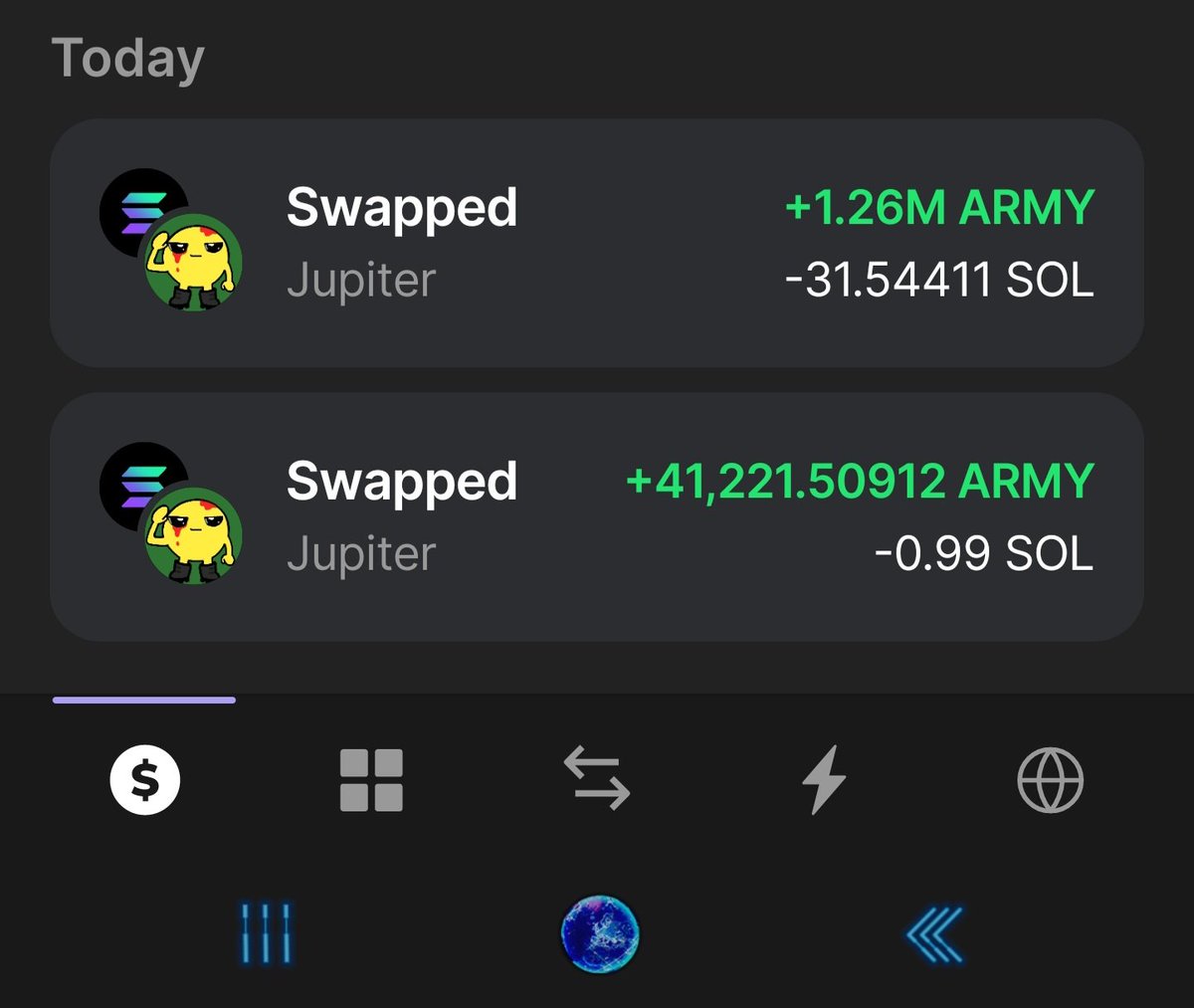 Just swapped all my sol to $ARMY. I am very proud to be a @onchainarmy millonaire. HELL YEAH!