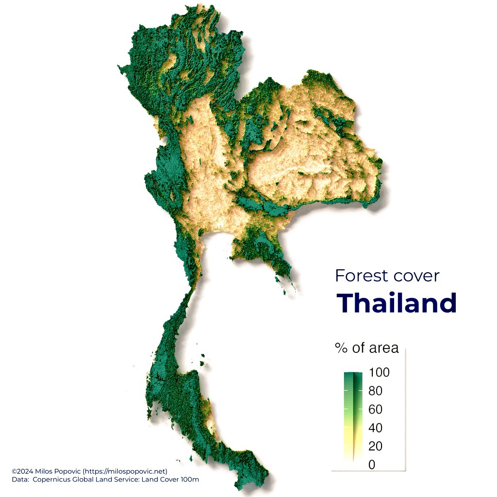 milos_gis's tweet image. Happy to share my 3D map of Thailand’s forest cover from 2019. Over 16 million hectares of forest, covering 30% of the land!

Want to create your own? Check out my tutorial: lnkd.in/eAUfHjbw

#DataViz #3DMapping #Rstats #GIS #SpatialAnalysis #Geospatial #DataScience