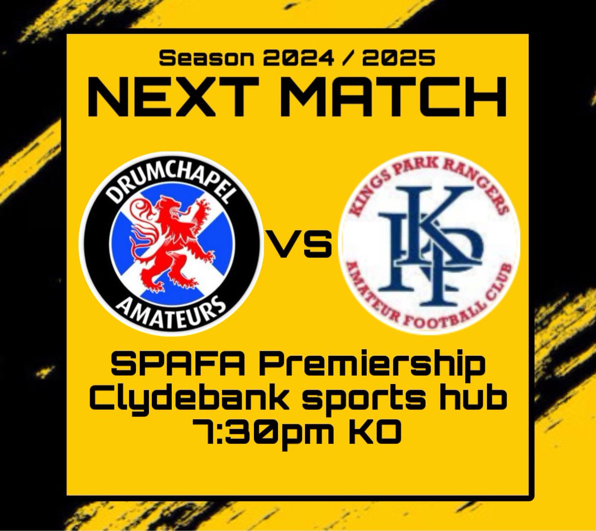 🟡⚫️Wednesday Fixture⚫️🟡

🆚 <a href="/DrumAmsColtsFC/">Drumchapel Amateurs Colts FC</a> 
📅  21/08/24
⏰  7:30pm KO
🏟️  Clydebank Sports Hub (A)
🏆  SPAFA Premiership <a href="/spafaofficial/">Scottish Premier AFA</a>
<a href="/scottish_aff/">AmateurFixturesResultsSCO</a>

Our first mid-week fixture as the boys look to gain our first 3points of the season!

MON THE KPR💛🖤
