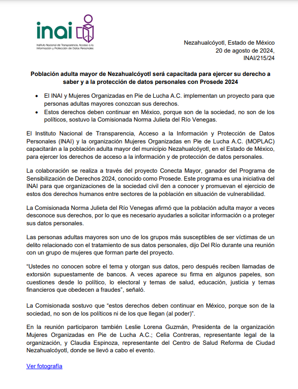 INAImexico's tweet photo. 📃 #ElINAIteInforma

Población adulta mayor de #Nezahualcóyotl será capacitada para ejercer su derecho a saber y a la protección de #DatosPersonales con #PROSEDE 2024.

🔗 https://t.co/0nhzuOzE0C https://t.co/LFpSX63xQ8