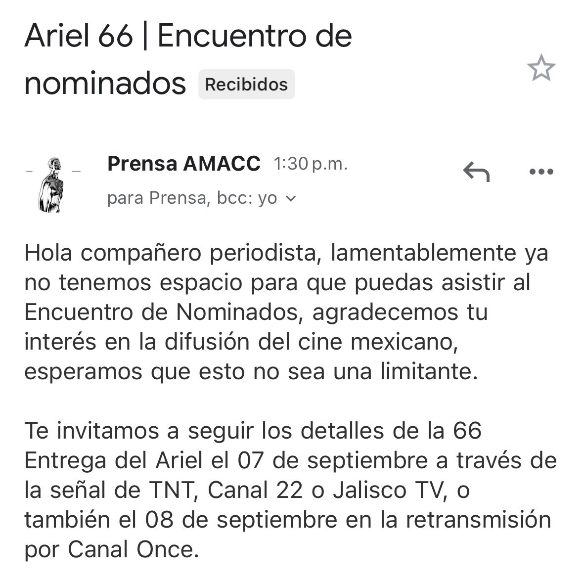 Primera vez que la @academiacinemx me niega el acceso a su “Encuentro de nominados” para hacer entrevistas de las películas que buscan el #ariel66 🤔