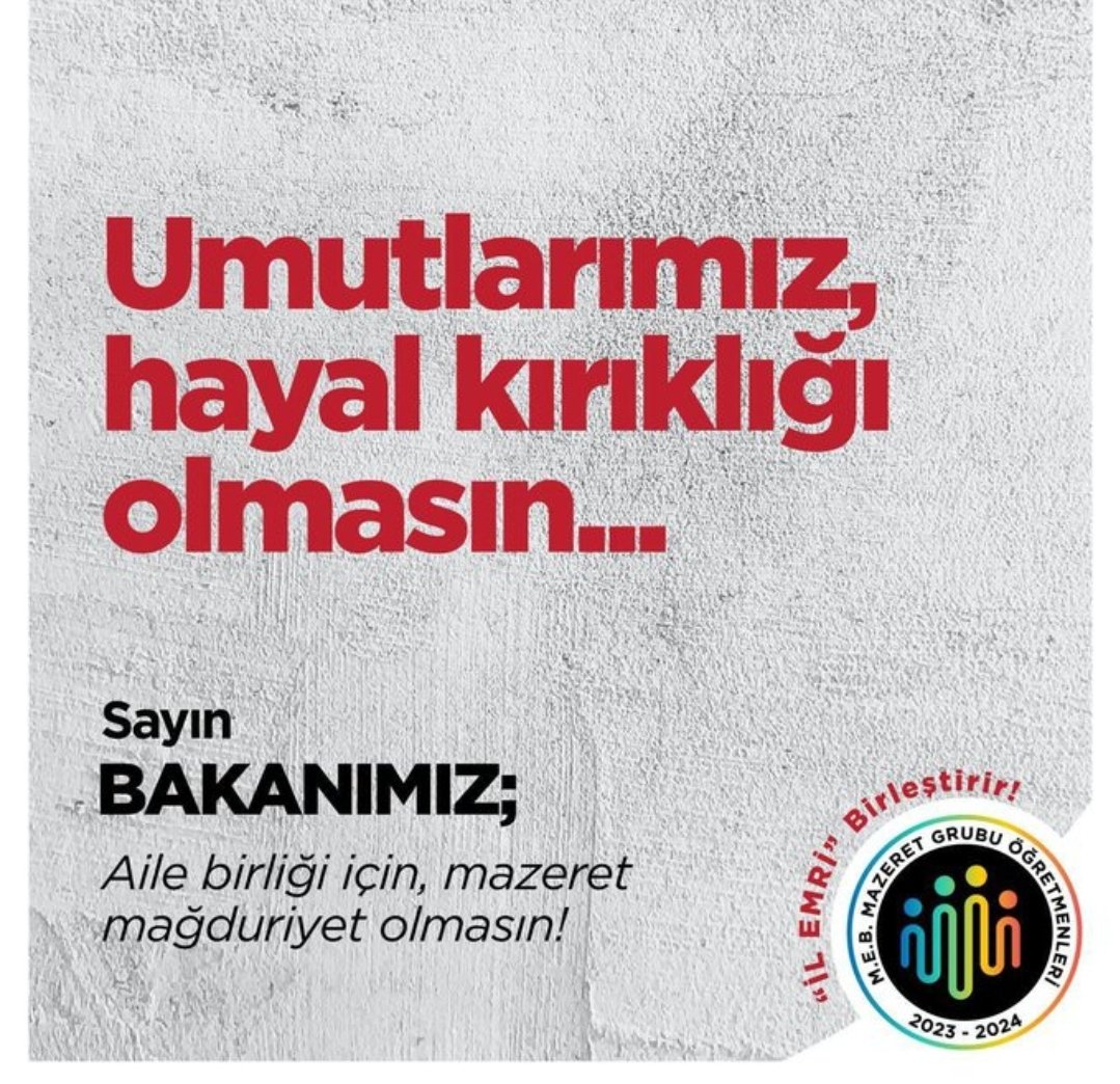 Yalçın ORUÇ (@yalcin_oruc) on Twitter photo Mazeret grubu öğretmenlerinin tek beklentisi il emridir. Aileler 100-200 km ötede değil, yan yana olmalıdır.
@RtErdogan
<a href="/EmineErdogan/">Emine Erdoğan</a>
<a href="/Yusuf__Tekin/">Yusuf Tekin</a>
<a href="/tcmeb/">Millî Eğitim Bakanlığı</a>
<a href="/tcbestepe/">T.C. Cumhurbaşkanlığı</a>
#AileBirligiMEBileGuclu Mazeret grubu öğretmenlerinin tek beklentisi il emridir. Aileler 100-200 km ötede değil, yan yana olmalıdır.
@RtErdogan
<a href="/EmineErdogan/">Emine Erdoğan</a>
<a href="/Yusuf__Tekin/">Yusuf Tekin</a>
<a href="/tcmeb/">Millî Eğitim Bakanlığı</a>
<a href="/tcbestepe/">T.C. Cumhurbaşkanlığı</a>
#AileBirligiMEBileGuclu