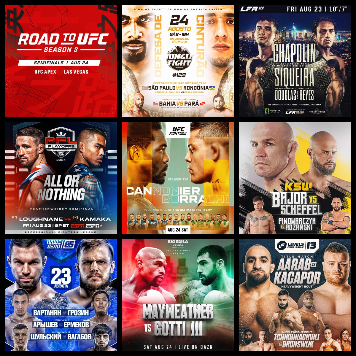 Grabaka_Hitman's tweet photo. Live Combat Sport Schedule: 8/20 - 8/25
Complete schedule w/ fight cards, PPV & free live streams HERE:
▶️https://t.co/5rb6tDrUpa
#UFCVegas96 #PFLPlayoffs #KSW97 #RTU3 #MayweatherGotti #LFA190 #JungleFight129 #NasheDelo #LFL13 #Octagon62 #FightNights124 #BRAVECF86 #CFC22 #DWCS https://t.co/ztfDQ8Je5n