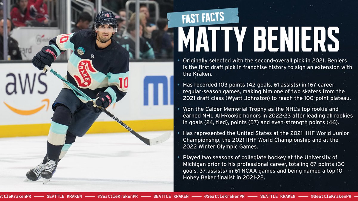 SeattleKrakenPR's tweet image. The #SeaKraken have agreed to terms with forward Matty Beniers on a seven-year contract ($7.14M AAV).