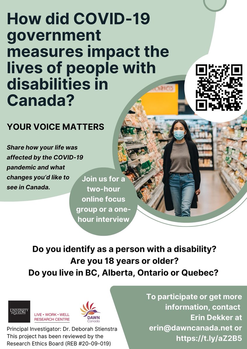DAWNRAFHCanada's tweet image. Share your experiences by taking part in a two-hour online focus group or a one-hour interview that aims to understand the experiences of people with disabilities during COVID-19. Register here: t.ly/aZ2B5 
For more information: dawncanada.net/news/trust-pro…