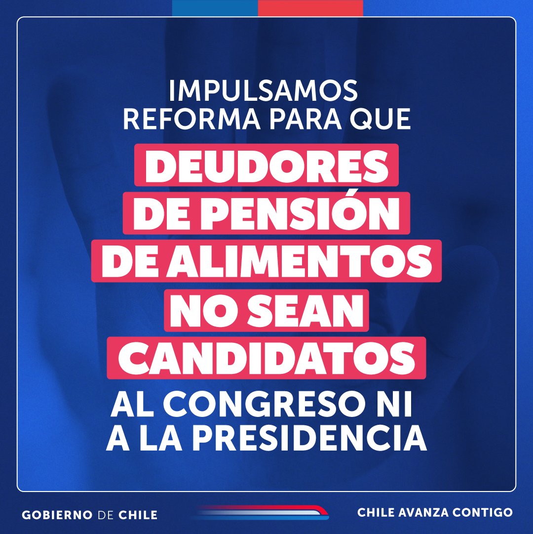 GobiernodeChile's tweet photo. La protección de los derechos de niñas, niños y adolescentes es nuestra prioridad 🤝🏻 Por eso, impulsaremos una reforma que prohíbe las candidaturas a la @Camara_cl, al @Senado_Chile y a la Presidencia de personas deudoras de pensiones alimenticias.