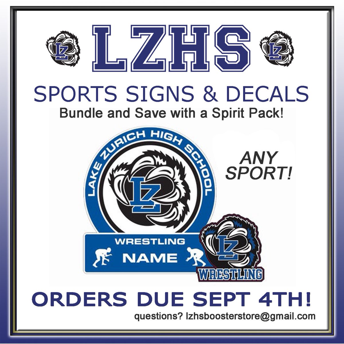 LZHS PTO (@lzhspto) on Twitter photo Fall Sport Signs now available! Personalize with the name of your player. Bundle your sign with a car decal or 2 & save!
HURRY, ORDER NOW! Deadline Sept 4th! …-school-bear-booster-club.square.site
Delivery via your coach, week of Sept 16th. Go Bears!💙 <a href="/GalltKelley/">Dr. Kelley Gallt</a> <a href="/johnwalshD95/">John L. Walsh</a> <a href="/lzhsathletics/">LZHS Athletics</a> Fall Sport Signs now available! Personalize with the name of your player. Bundle your sign with a car decal or 2 & save!
HURRY, ORDER NOW! Deadline Sept 4th! …-school-bear-booster-club.square.site
Delivery via your coach, week of Sept 16th. Go Bears!💙 <a href="/GalltKelley/">Dr. Kelley Gallt</a> <a href="/johnwalshD95/">John L. Walsh</a> <a href="/lzhsathletics/">LZHS Athletics</a>