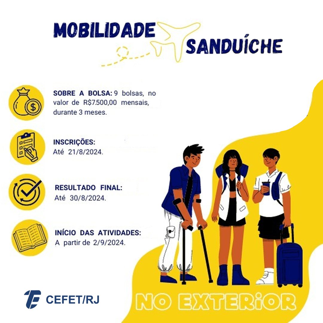 Última chamada!
As inscrições para a mobilidade sanduíche discente de programas de pós-graduação no exterior vão até amanhã, 21/8. São 9 bolsas de R$ 7.500,00 mensais por 3 meses. 

Saiba mais: bit.ly/sanduiche-24

#CefetRJ #MobilidadeSanduíche #PósGraduação