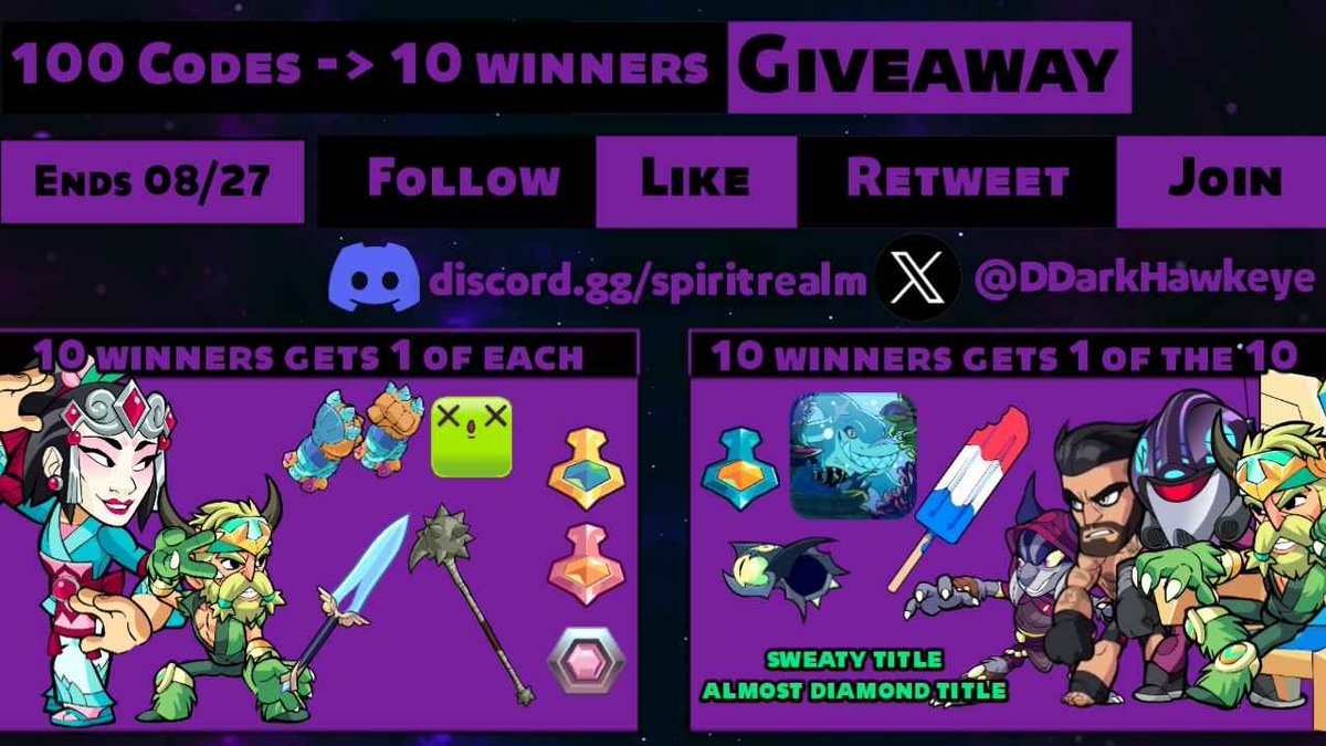 DDarkHawkeye's tweet photo. 👑Hawkie's 100 Codes Giveaway👑
10 winners will receive 10 codes 
(all 9 on the left &amp; 1 on the right)

🎁 Follow the instructions to enter!
- Like and Retweet
- Follow @DDarkHawkeye
- Join the server (https://t.co/boVnpb81Y5)

Ends on 08/27, GL
#Brawlhalla #BrawlhallaGiveaway https://t.co/pSASP8jSIw