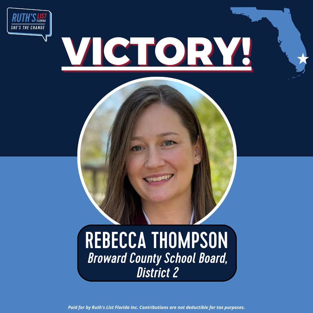 Congratulations to Rebecca Thompson (@rebecca4sb)  for winning her seat on the Broward County School Board, District 2! We’re excited to see the innovative ideas and leadership she will bring to the table. Here’s to a future of progress and excellence! #ShesTheChange