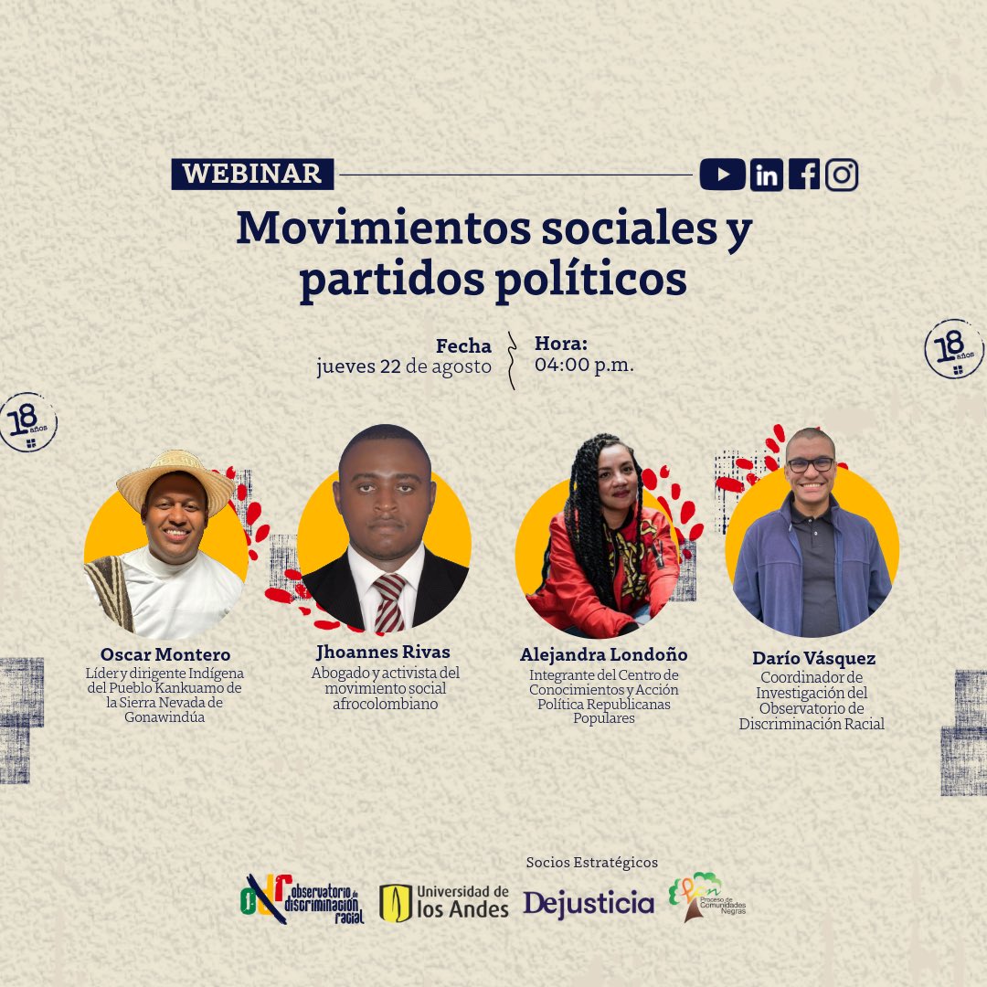 #CONVERSASODR | 🔔 Queremos que participen en nuestro #Webinar sobre Movimientos sociales y partidos políticos este jueves 22 de agosto desde las 04:00 p.m. Estaremos conversando con <a href="/AlEjandra_LalOn/">Alejandra Londoño</a>, <a href="/RivasJhoannes/">Jhoannes Rivas Mosquera</a> y <a href="/Oscar_MonteroK/">Oscar Montero</a> ; este espacio será moderado por #DaríoVásquez