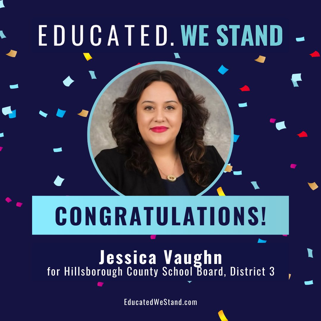 RACE ALERT! 🚨 Congratulations to <a href="/jessicavaughnsb/">Jessica Vaughn for School Board, District 3</a> on winning your election to #Hillsborough County School Board! We are confident your commitment to Hillsborough County's students, teachers, and parents will continue to inspire voters. #FlaPol