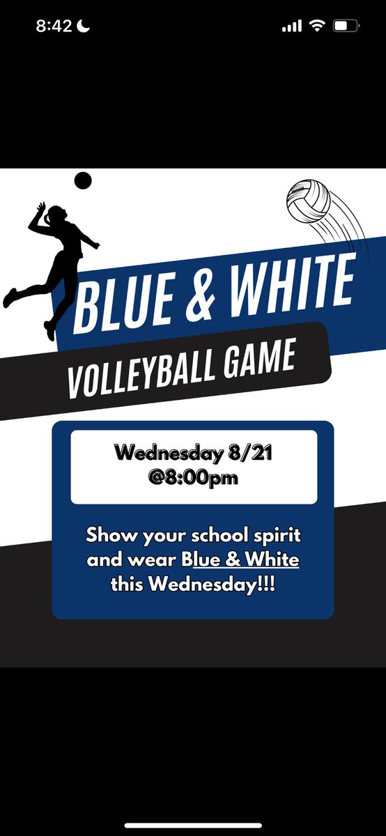 Blue &amp; White Volleyball game @ 8:00 Wednesday night!🏐