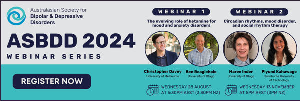 ASBDD is pleased to announce its 2024 Webinar Series!
AUG 28 Prof <a href="/cgdavey/">Chris Davey</a> &amp; Dr Beaglehole: The evolving role of ketamine for mood &amp; anxiety disorders

NOV 13 Dr Inder &amp; Piyumi Kahawage: Circadian rhythms, mood disorder, &amp; social rhythm therapy

Register: tinyurl.com/ASBDD24