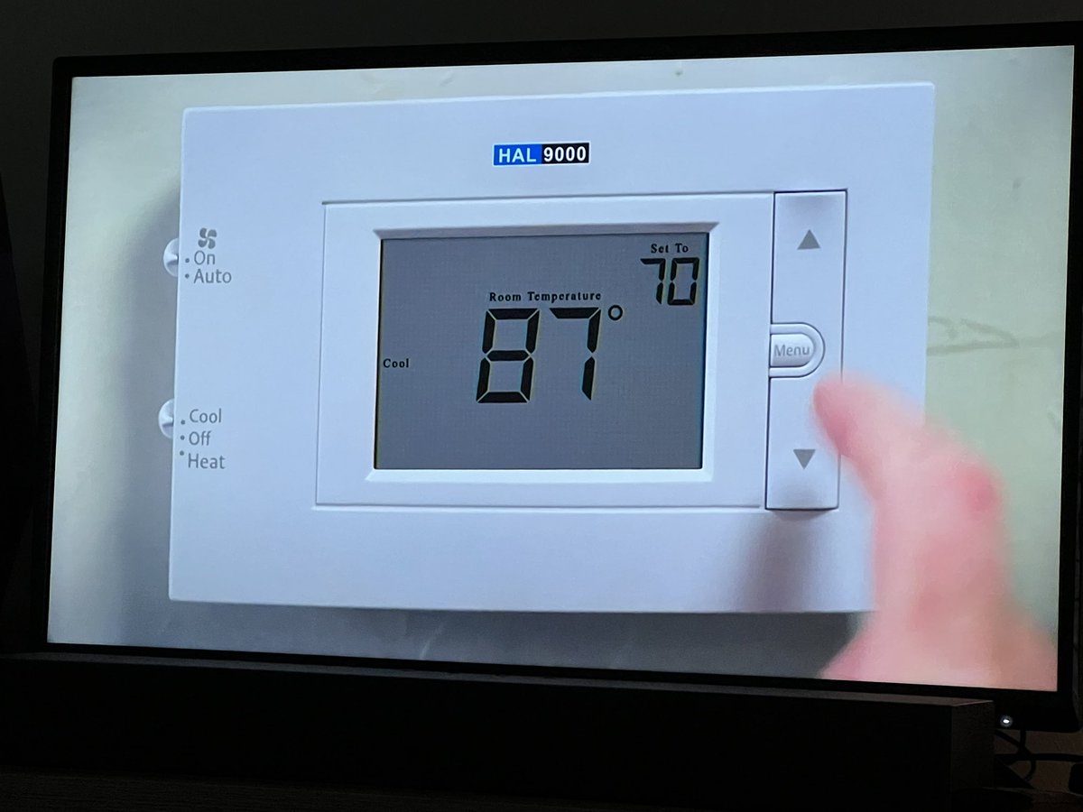 DuBray's tweet image. Amazing how the legacy and creative choices of @StanleyKubrick still resonate. This malfunctioning thermostat in a local TV advert in the Oklahoma City market is named after another notorious computer with a mind of its own. #HAL9000 #StanleyKubrick