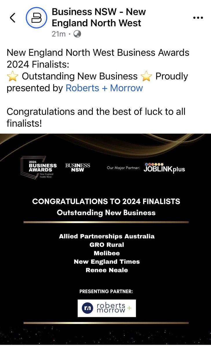 Knock us over with a feather! So thrilled to be a finalist in the 2024 Business NSW Business Awards for New England &amp; North West in the Outstanding New Business Category! YAY GRO Rural!