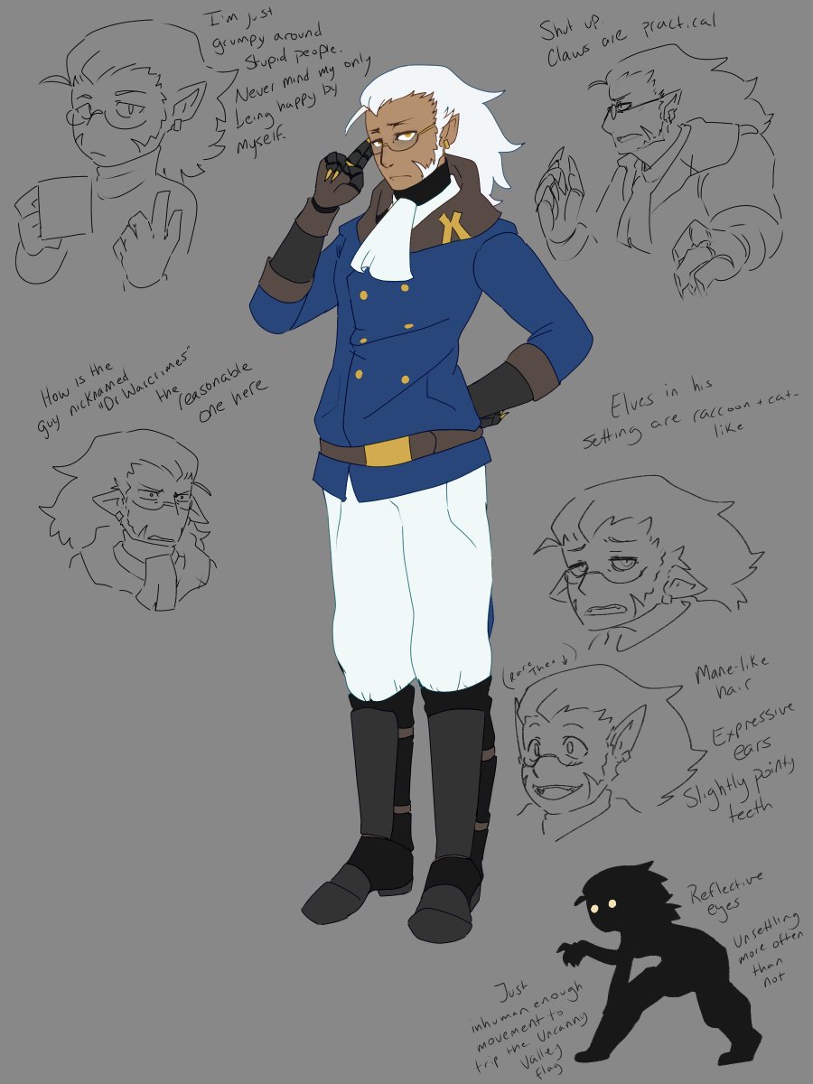 Working on project stuff, finally getting around to rough character refs. I don't even know if I wanna do a visual novel, RPG, or write a dang book, but there's gonna be a grumpy raccoon of an elf in there somewhere.