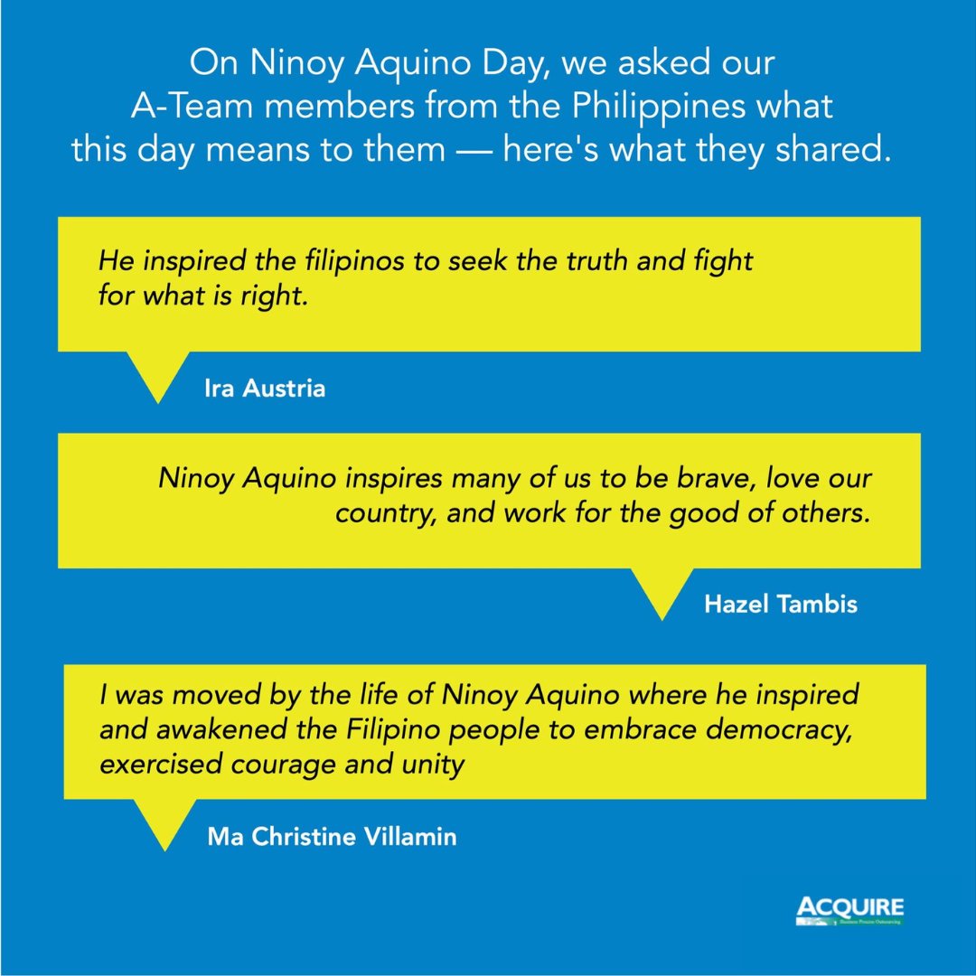AcquireAi's tweet photo. Today, the Philippines commemorates #NinoyAquinoDay, honouring his bravery. Our #ATeam reflects on what this day means to them as they remember his significant impact on the nation's history.
 #AcquireBPO https://t.co/cZg3DEnf9e