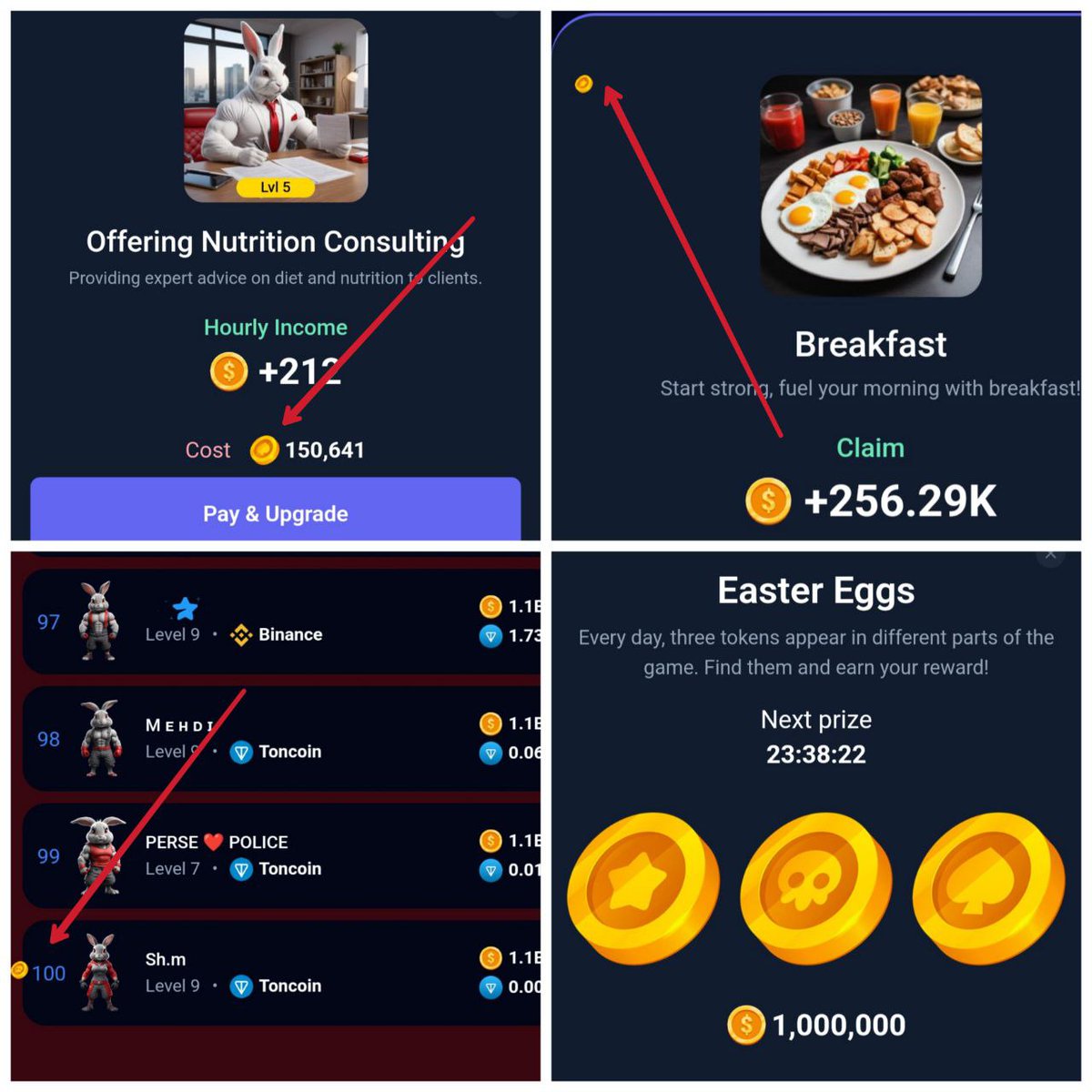 ListingGiveaway's tweet image. Rocky Rabbit Easter Eggs Location - August 21

The unique coins for the day can be found in:

Vanguard Tournament: Rank 100
Breakfast: Fighter Tab → Claim Tab → Nutrition
Offering Nutrition Consulting: Fighter Tab → Venture Tab → Opportunity

#RockyRabbit #tap2