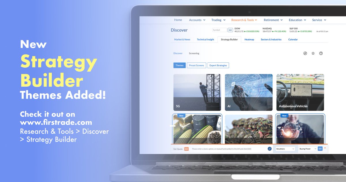 Firstrade's tweet image. Exciting news! Discover new Strategy Builder Themes on firstrade.com. Diversify and grow your portfolio today! #StrategyBuilder #Firstrade #Diversify