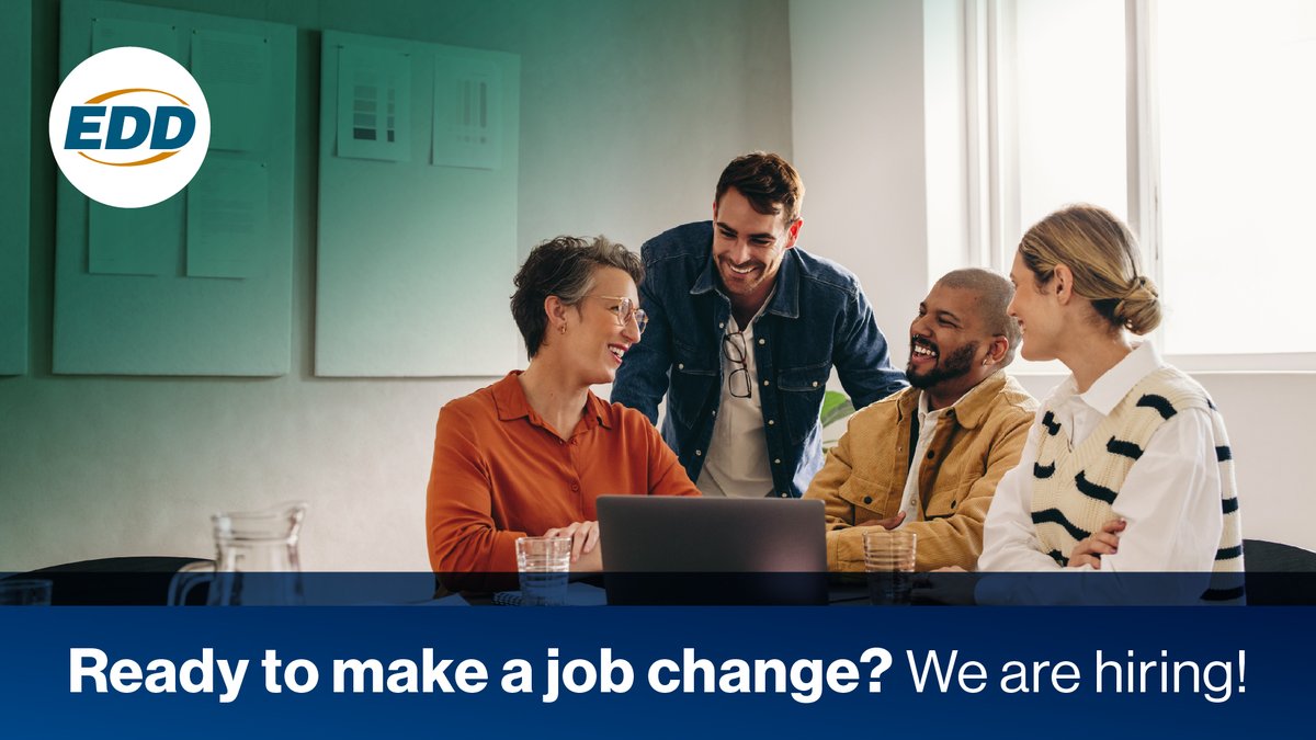 CA_EDD's tweet photo. Ready to make a job change? We are hiring!
At the EDD, we pride ourselves in being able to provide our staff unbeatable work-life balance, retirement and savings plans, health, dental and more!
Apply for open positions: https://t.co/6j5XMSjYyW
#EDDLife #WeAreHiring https://t.co/UiyrbiGk4q