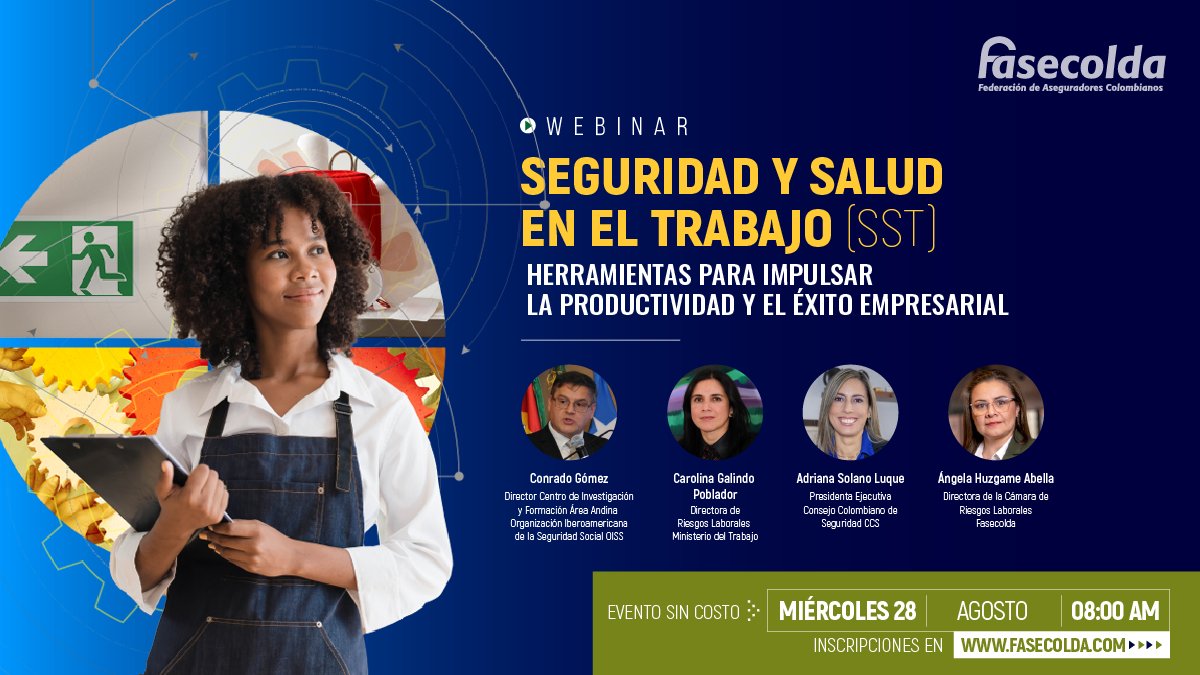 FasecoldaOficia's tweet photo. Inscríbete ya al #WebinarFasecolda 'Seguridad y Salud en el Trabajo #SST: herramientas para impulsar la productividad y el éxito empresarial' y conoce cómo esto puede mejorar la productividad de la empresa.
📆Miércoles 28 de agosto
⏲️8:00 am
➡️ https://t.co/YoylmfT0U2 https://t.co/ldeJCgvFcC