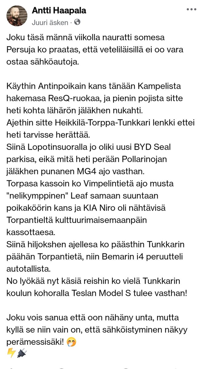 HaapalaAntti's tweet photo. Olipas tänään ihimeellinen 15km lenkki oman vajaan 3000 asukkaan kylän laitamia ajellen. 😅
#sähköauto https://t.co/Rdn3DBauDZ