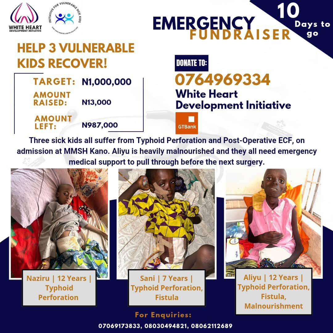 WhiteHeartDev's tweet photo. *HELP SAVE 3 YOUNG LIVES*

We are raising ₦1,000,000 to support the medical treatment of 3 children suffering from Typhoid Perforation, and post operative ECF currently admitted at Murtala Muhammad Specialist Hospital in Kano.

Please donate generously to support their treatment https://t.co/wISMiEdP06