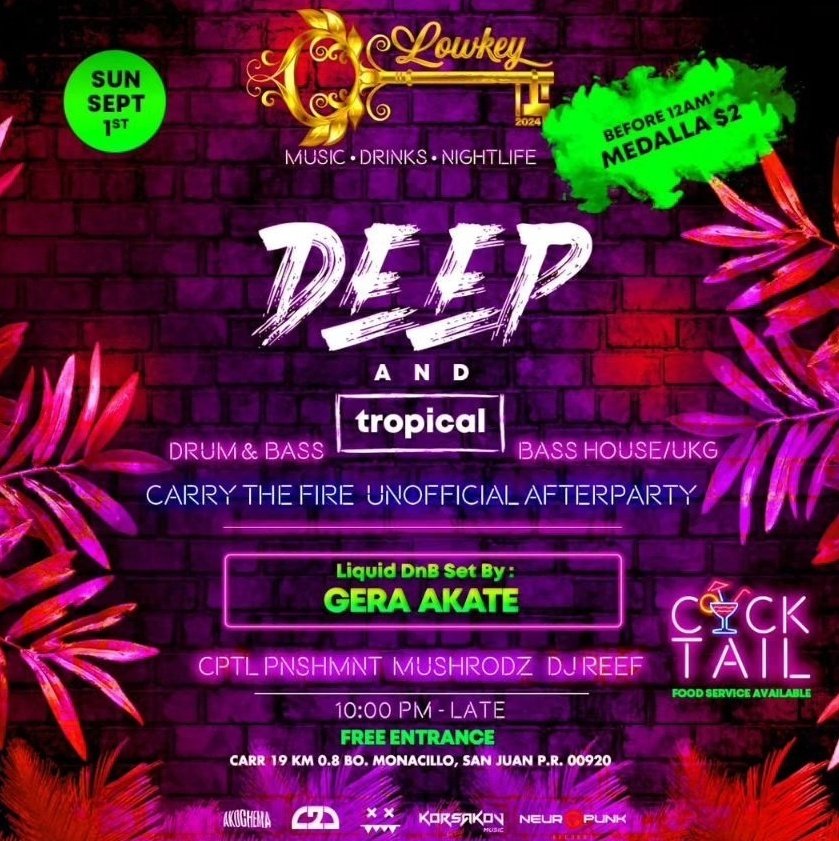 Lo próximo 💣
Septiembre 1

#DjReef
<a href="/GeraAkate/">Gēra Akaté</a> (liquid dnb set) 
<a href="/MushrodzBASS/">m ů s h r ō d ž</a>
<a href="/CPTL_PNSHMNT/">CPTL PNSHMNT</a>