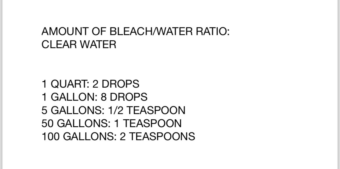 johnrich's tweet photo. Per FEMA, this is the amount of household bleach it takes to purify dirty water. Always good to know this type of thing: https://t.co/uudaNs97Ch