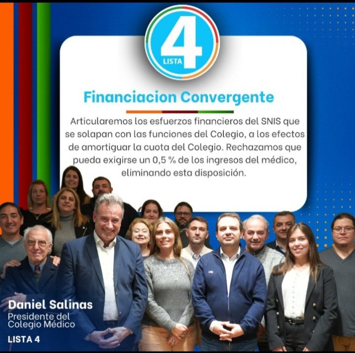 Este 29 de agosto en las elecciones obligatorias del Colegio Médico, votá lista 4 en lo Nacional <a href="/DrDanielSalinas/">Daniel Salinas</a> presidente y  M4 en la Regional Montevideo <a href="/HumbertoPrinzo/">Humberto Prinzo</a>