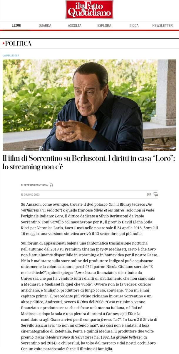 fpontiggia1's tweet photo. Mi permetto #Loro #Mediaset #Sorrentino #Servillo sul @fattoquotidiano del 16 giugno 2023 👇 https://t.co/X2h7uvWFBV