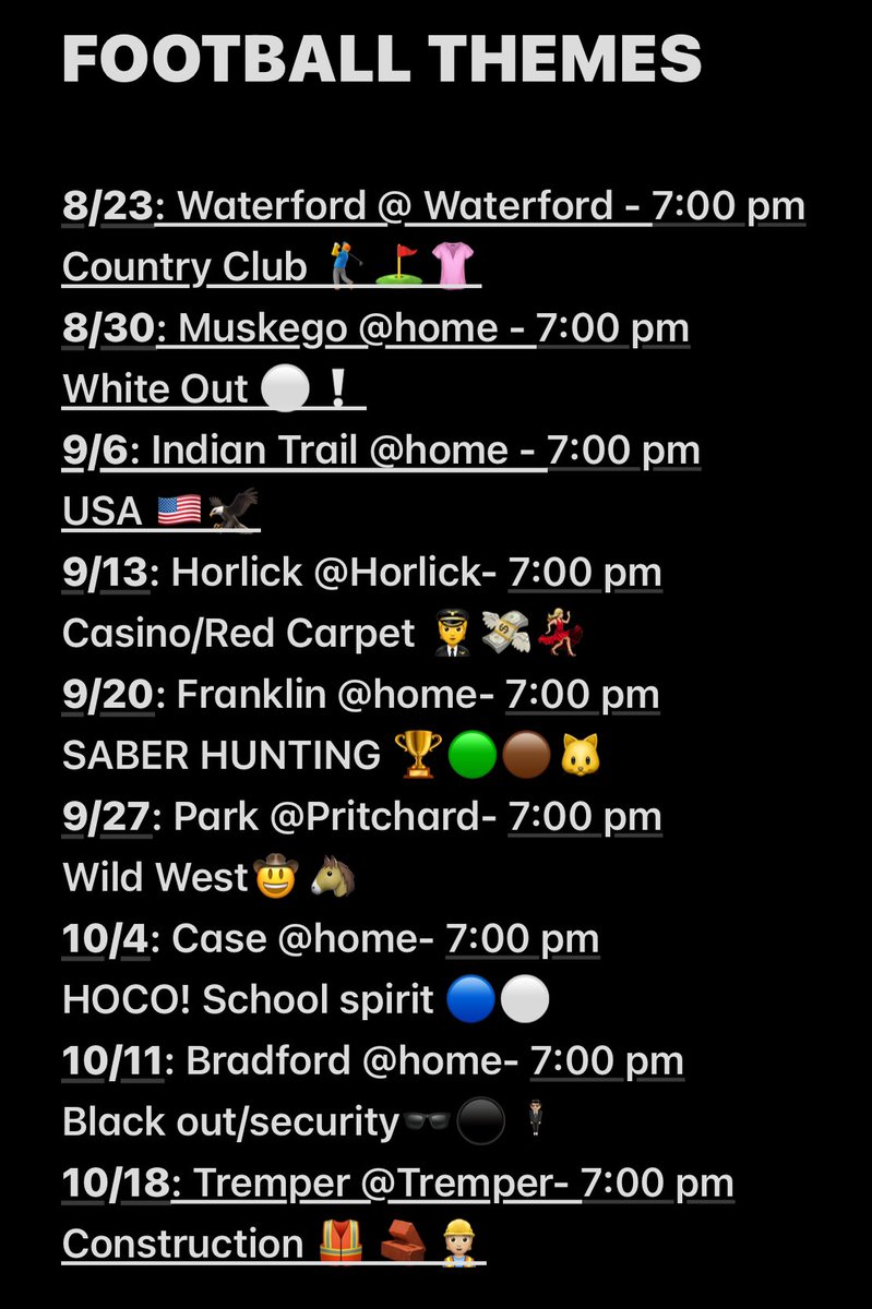 ‼️‼️2024 FOOTBALL THEMES‼️‼️

MARK YOUR 🗓️, BE THERE 📍, AND BE LOUD 🗣️🗣️🗣️

themes can change at anytime.
