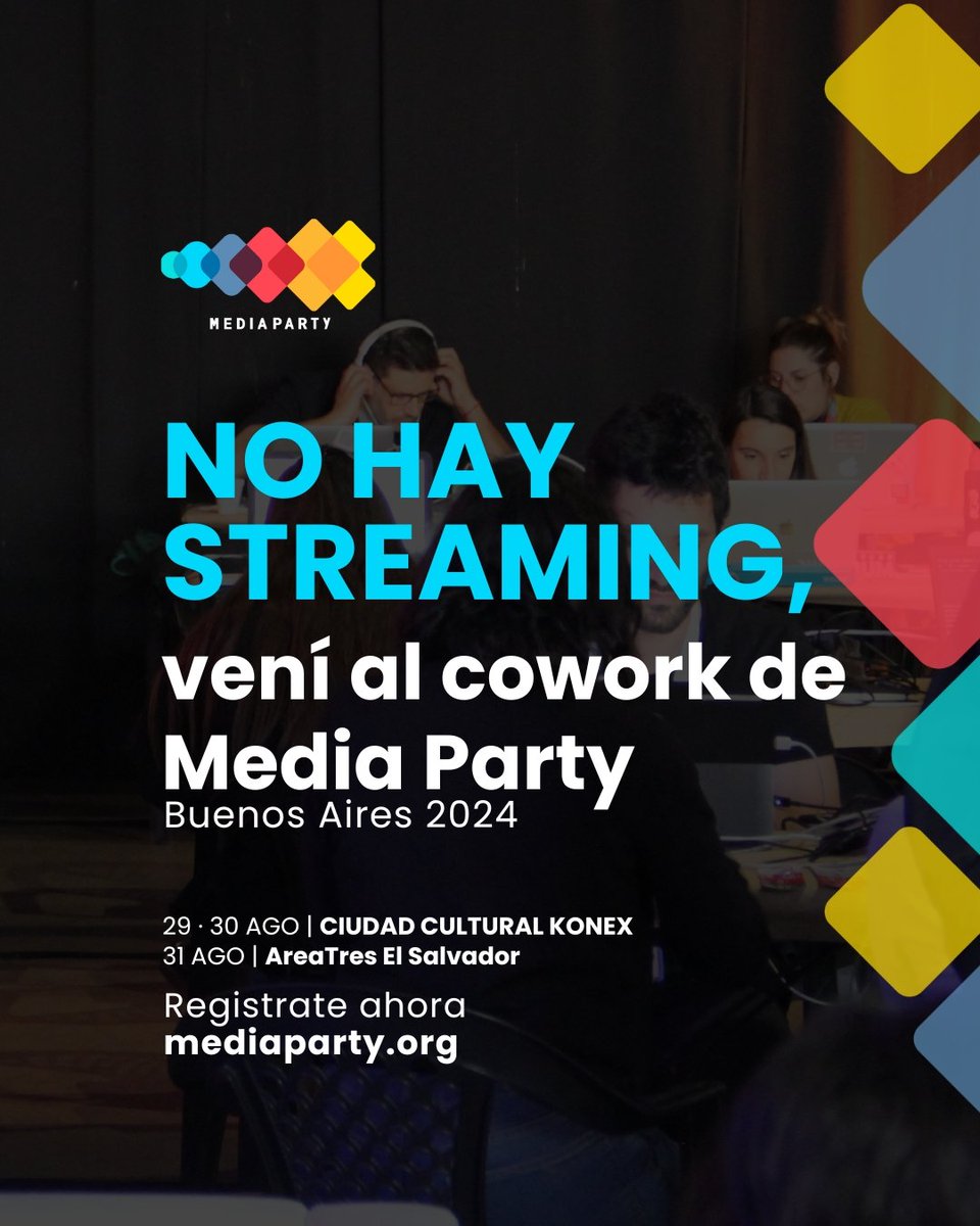 Media Party🎉 (@mediapartyorg) on Twitter photo #MediaParty 🎉 Buenos Aires 2024 se basa en la experiencia presencial y en el contacto con colegas. Por eso, no hay streaming: hay coworking 👩🏻💻
📌 29 y 30 de agosto en <a href="/CCKonex/">Ciudad Cultural Konex</a>
📌 31 de agosto en <a href="/areatres/">AreaTres Workplace</a>
Registrate GRATIS 👉 mediaparty.org #MediaParty 🎉 Buenos Aires 2024 se basa en la experiencia presencial y en el contacto con colegas. Por eso, no hay streaming: hay coworking 👩🏻💻
📌 29 y 30 de agosto en <a href="/CCKonex/">Ciudad Cultural Konex</a>
📌 31 de agosto en <a href="/areatres/">AreaTres Workplace</a>
Registrate GRATIS 👉 mediaparty.org