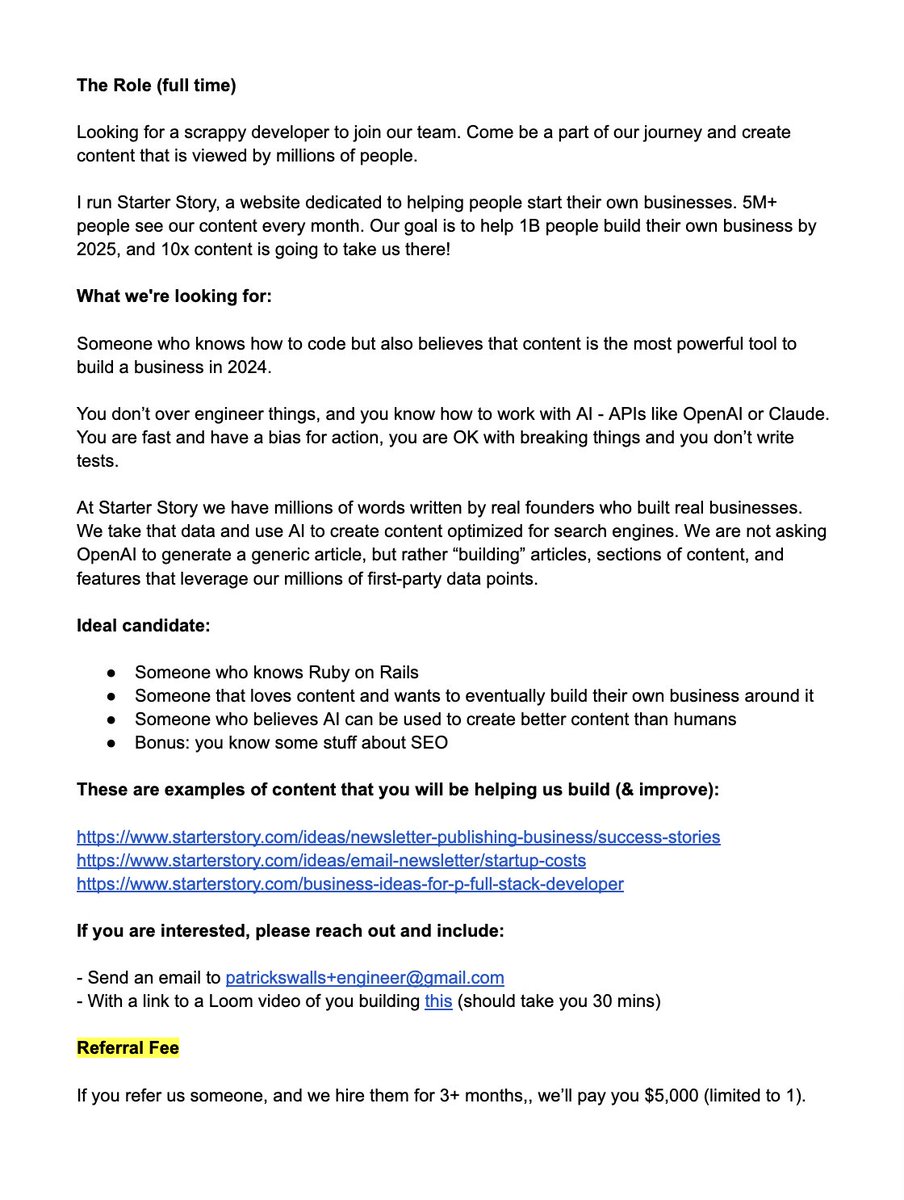 Looking for: a CONTENT software engineer.

You are: a developer who's excited about writing code (along with AI) to create content that's viewed by millions.

Full time. Really cool project (IMO).

Tag someone you know and we'll pay you $5,000 (if we end up hiring them). More