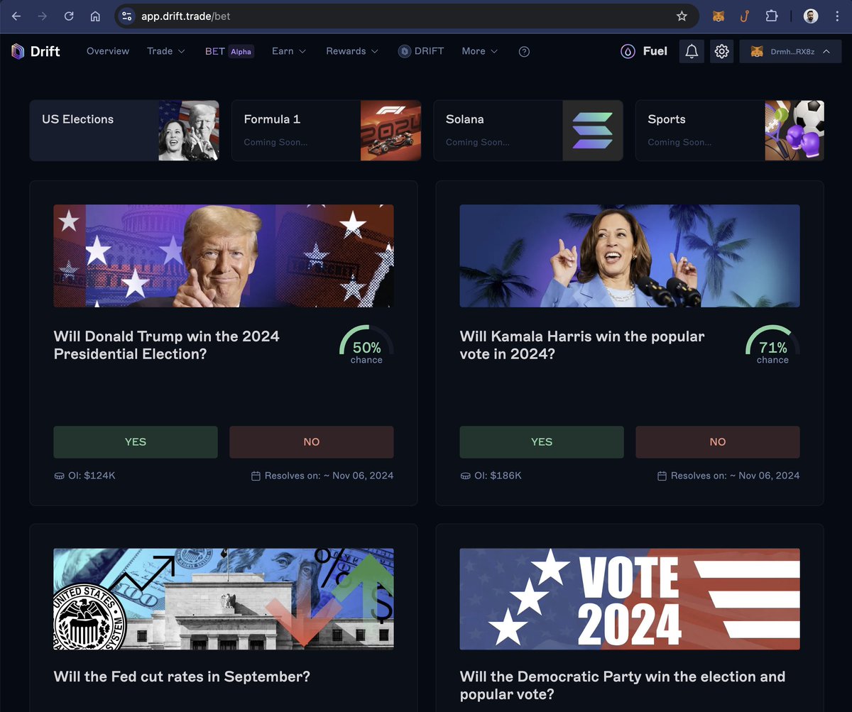 MidwitMilhouse's tweet image. Did you know you can access the new prediction market BET on @DriftProtocol with MetaMask? That&apos;s because the Drift Snap adds all the necessary functionality for Solana to MetaMask and makes it easy to onboard! #MadePossibleWithSnaps