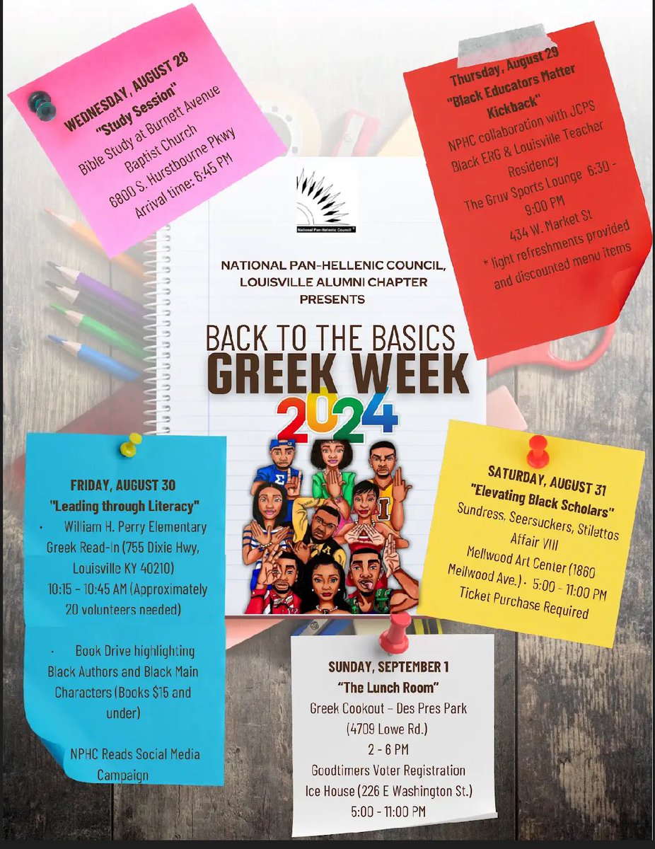 Greek Week 2024 “Back to the Basics”

The Louisville Alumni Chapter of the National PanHellenic Council will host it’s annual Greek Week August 28th
– September 1st! 

We are excited to offer five service and social centered events! Come out and join us! RT!