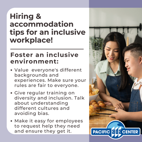 PacificADACtr's tweet photo. Let's build a workplace where everyone feels valued and supported. Make sure you are fostering an inclusive environment.
Learn more about the ADA and employment: https://t.co/ukY4p7sCRI
#InclusiveHiring #Diversity #AccessibleWorkplace https://t.co/5XVyO1MTTr