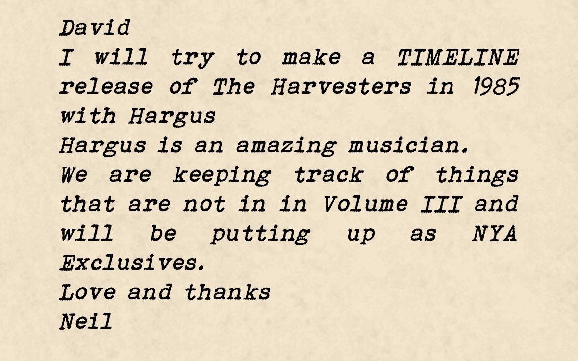 NYA Exclusive tracks planned to complement Archives Vol 3

Neil today announced plans for further releases which will be exclusive to NeilYoungArchives.com subscribers and which are intended to fill gaps in his selection for Vol. 3.
<a href="/NeilYoungNYA/">Neil Young Archives</a> #NeilYoung #ArchivesVol3