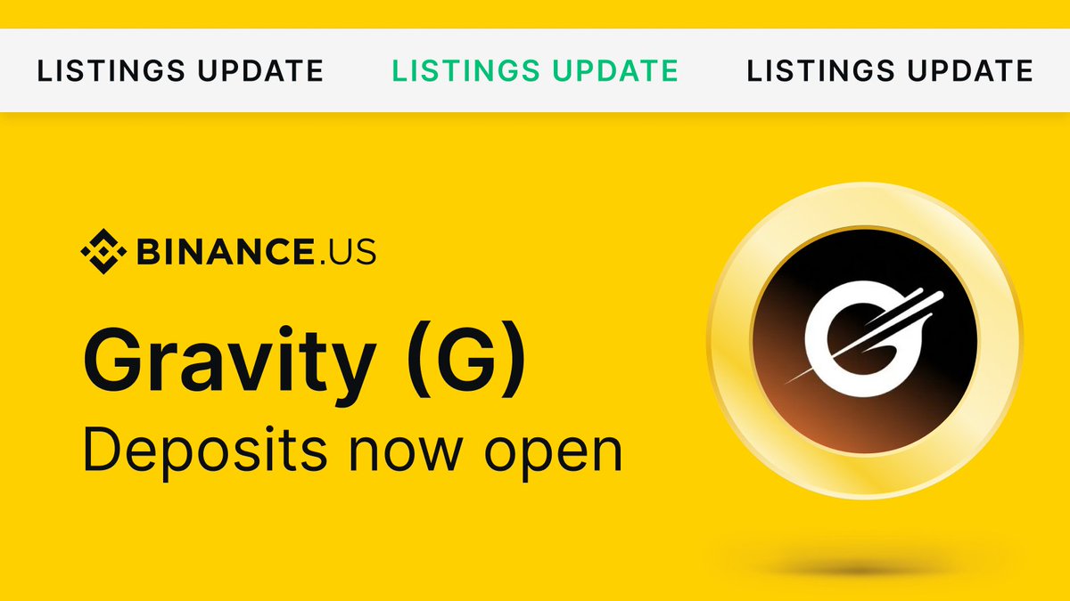 BinanceUS's tweet photo. Gravity (G), formerly known as Galxe (GAL), is now available!

What to know:
🔸 Deposits &amp; Withdrawals for G are open on the Ethereum (ERC20) network.
🔸 Trading is available on the G/USDT pair.

Learn more 👇 
https://t.co/VVpqZilfY3 https://t.co/Nrjl47KI9e