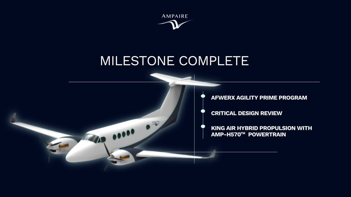 AmpaireInc's tweet photo. Ampaire has completed a milestone under the @afwerx Agility Prime Program.
Our King Air ground demonstrator is pushing the boundaries of aviation by validating the AMP Drive hybrid-electric powertrain for both commercial and defense applications.
#AGILITYPRIME #ELECTRICAVIATION https://t.co/WvREBfBRp1
