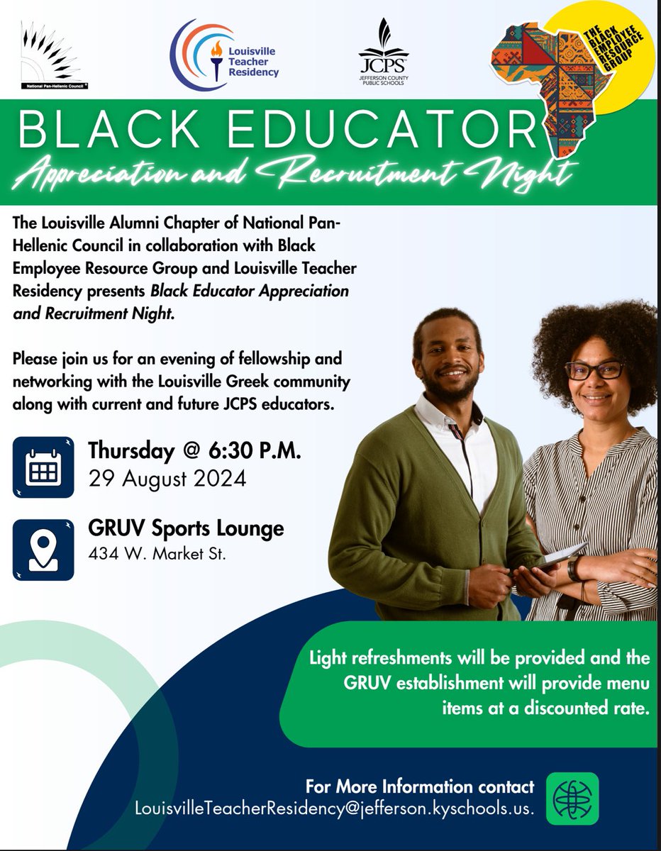 Please join the Louisville Alumni Chapter of NPHC in collaboration with Black Employee Resource Group and Louisville Teacher Residency for an evening of fellowship and networking with current and future JCPS educators.

Please share &amp; RT!